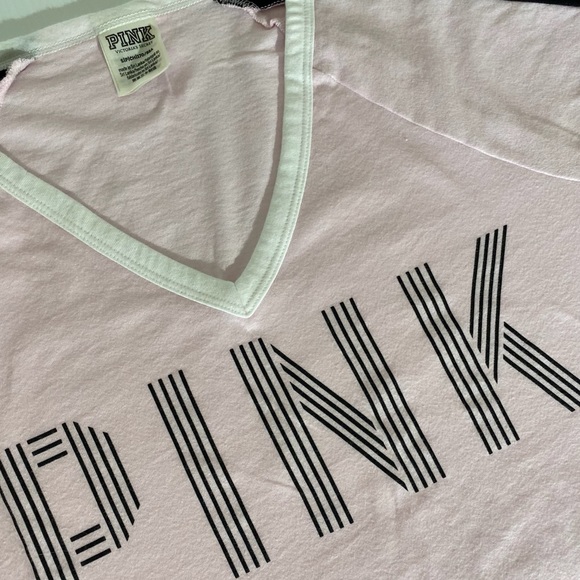 PINK Victoria’s Secret PINK T-SHIRT Varsity Style T-shirt Pink Black Stripe - Picture 10 of 12
